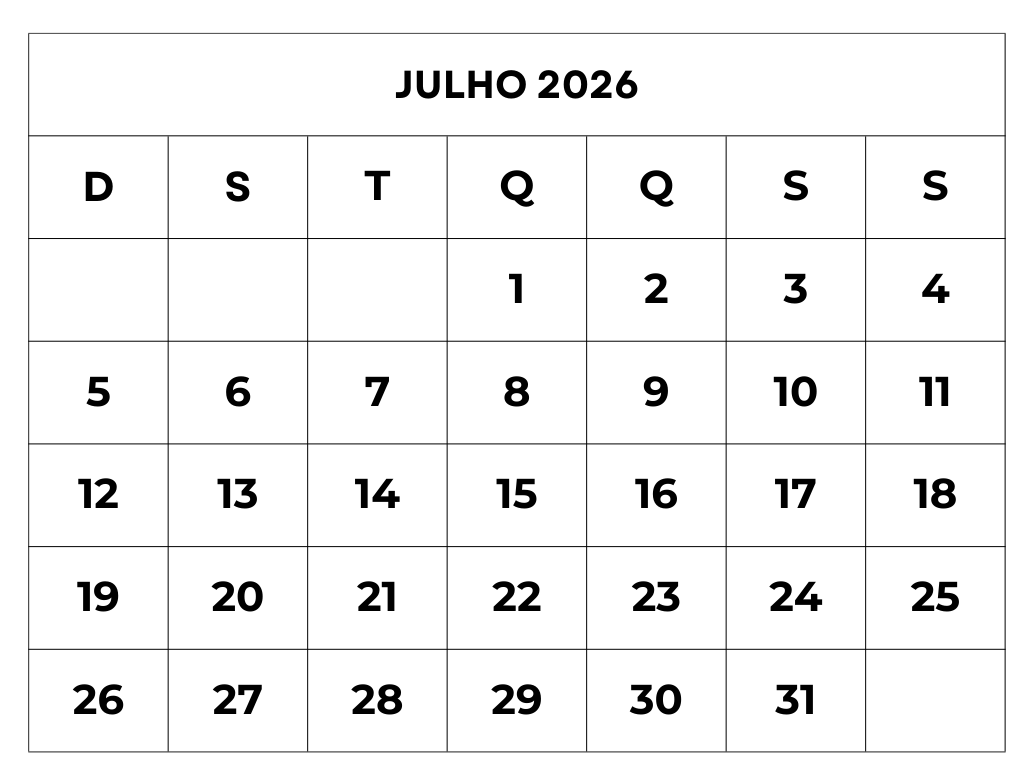 Calendário Julho 2026