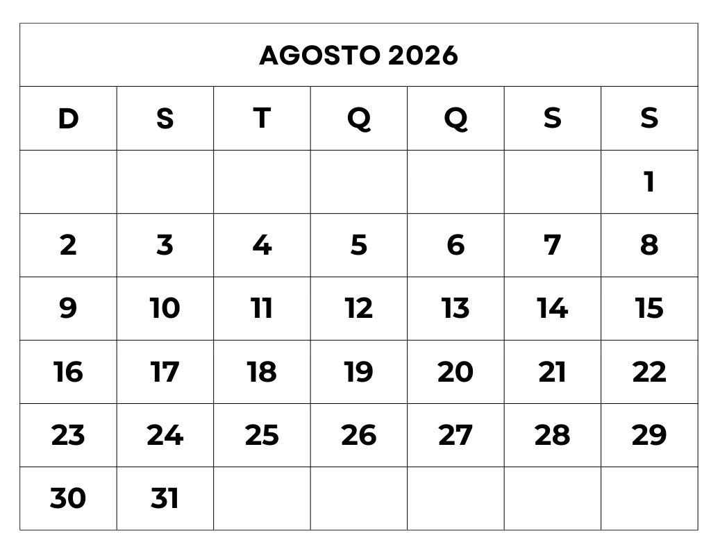 calendário agosto 2026