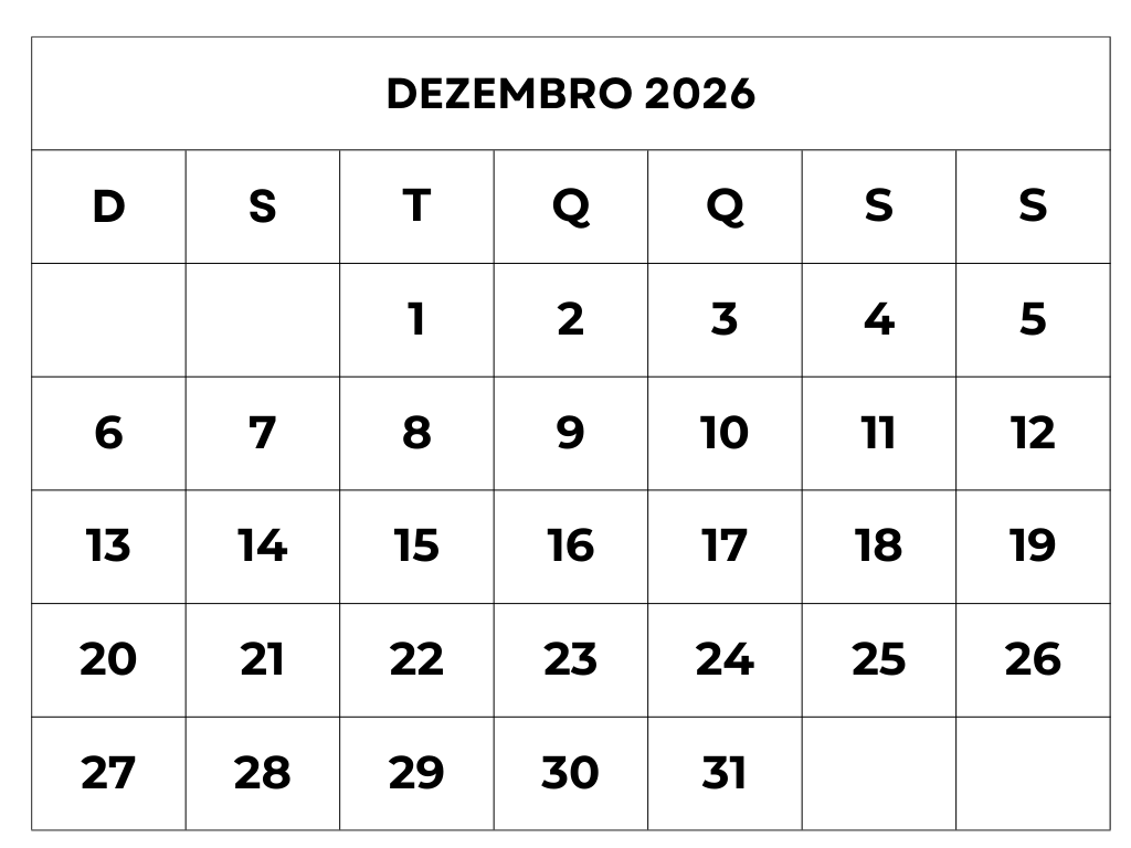 Calendário Dezembro de 2026