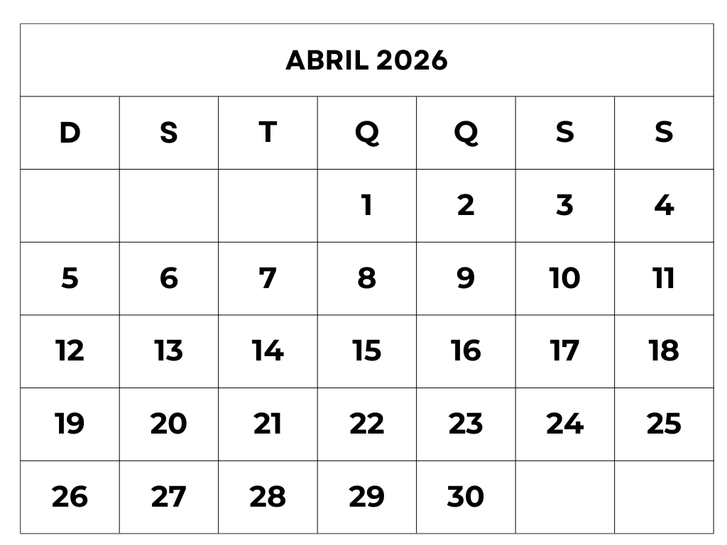 Calendário Abril 2026