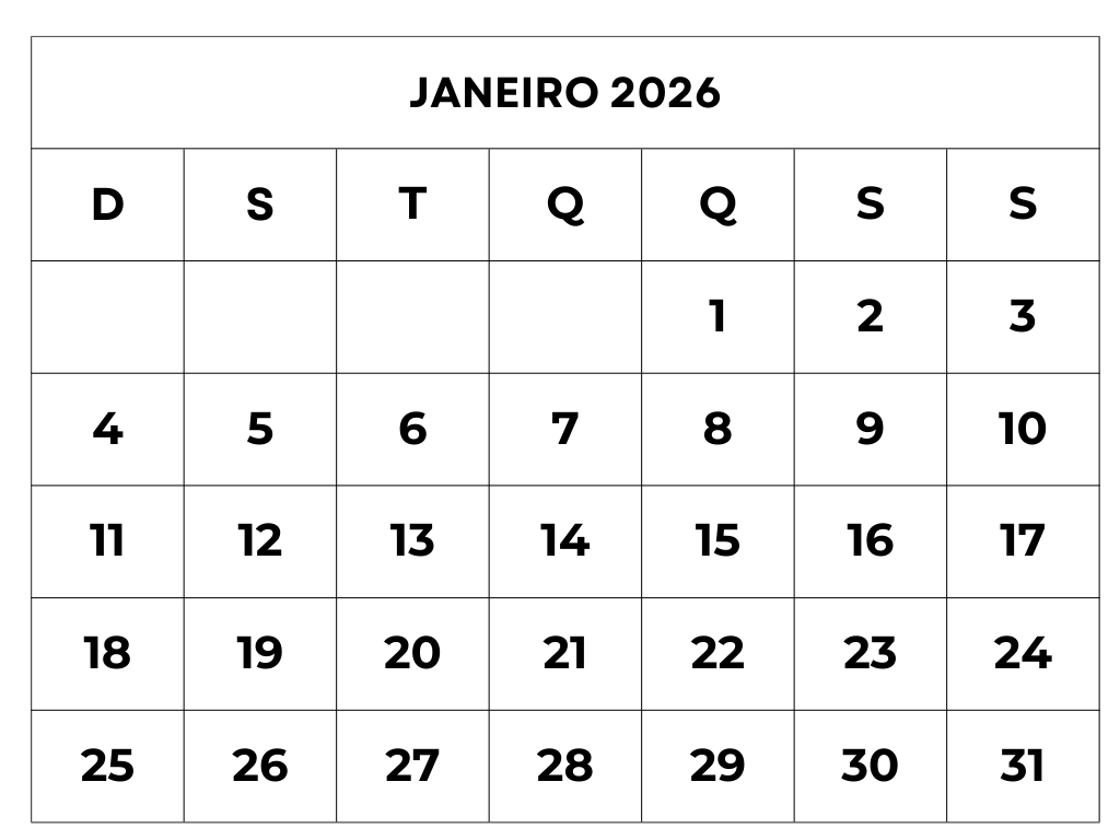 Calendário janeiro 2026